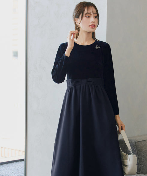 ベロア異素材ドッキングワンピース