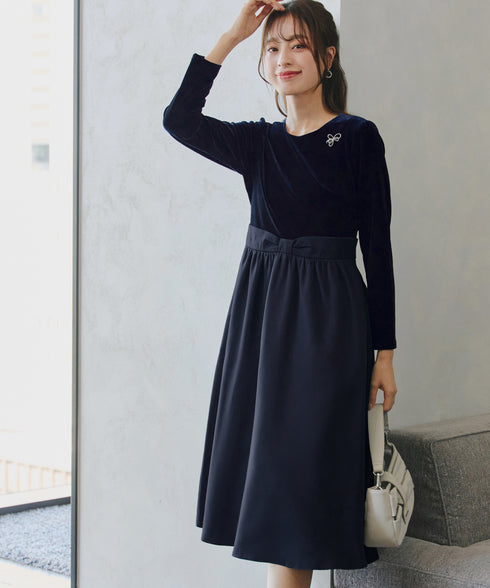 ベロア異素材ドッキングワンピース