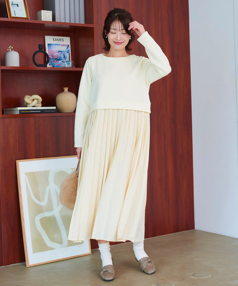 肩ビジュー裏起毛ドッキングワンピース