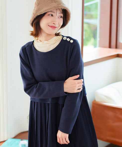 肩ビジュー裏起毛ドッキングワンピース