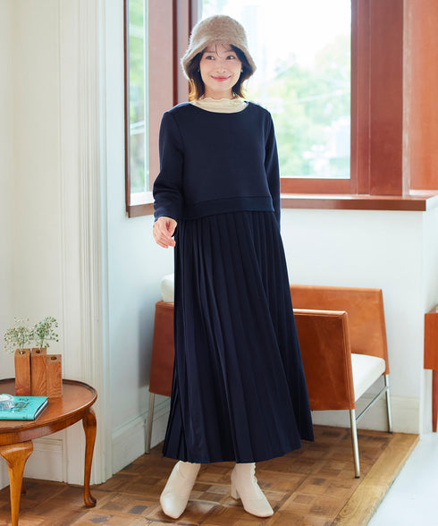 肩ビジュー裏起毛ドッキングワンピース