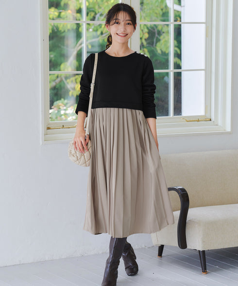 肩ビジュー裏起毛ドッキングワンピース