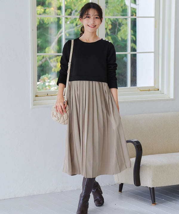 肩ビジュー裏起毛ドッキングワンピース