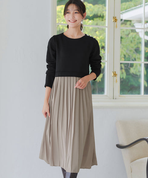 肩ビジュー裏起毛ドッキングワンピース