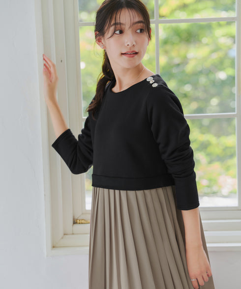 肩ビジュー裏起毛ドッキングワンピース