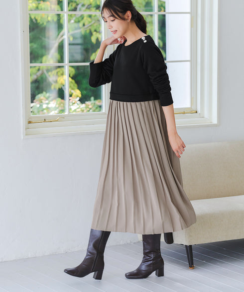 肩ビジュー裏起毛ドッキングワンピース