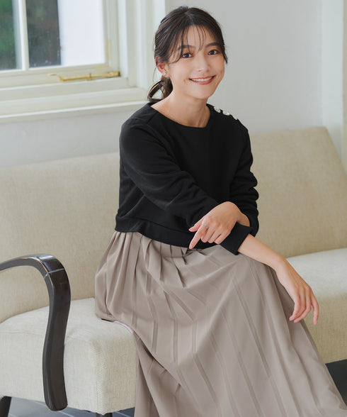 肩ビジュー裏起毛ドッキングワンピース