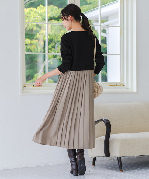 肩ビジュー裏起毛ドッキングワンピース