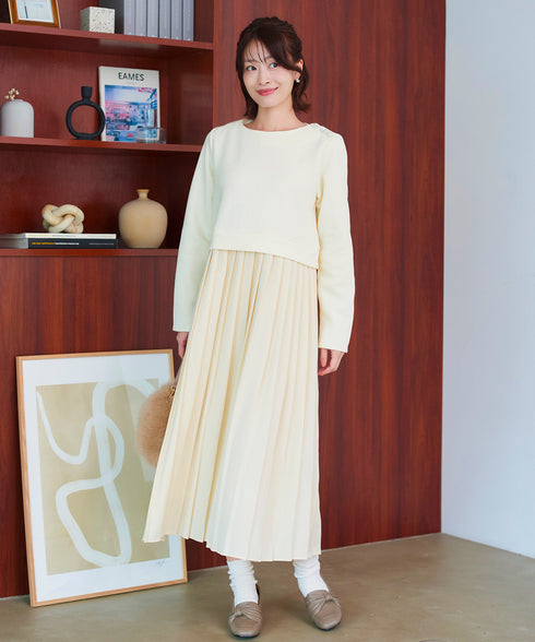 肩ビジュー裏起毛ドッキングワンピース