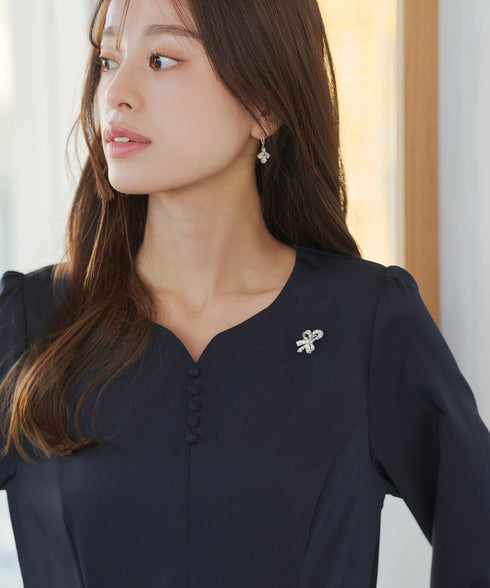 ハートネックくるみ釦ワンピース