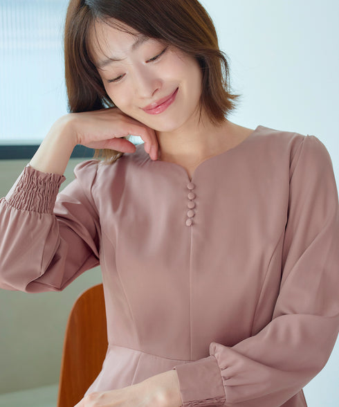 ハートネックくるみ釦ワンピース