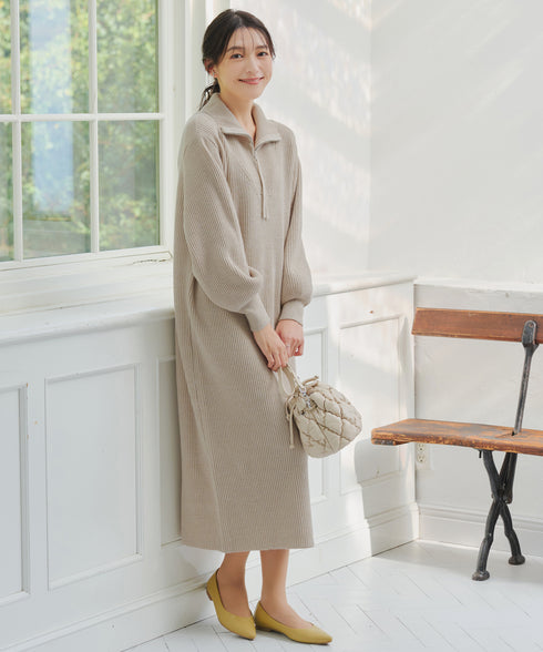 【クリアランスセール】ハーフジップリブニットワンピース