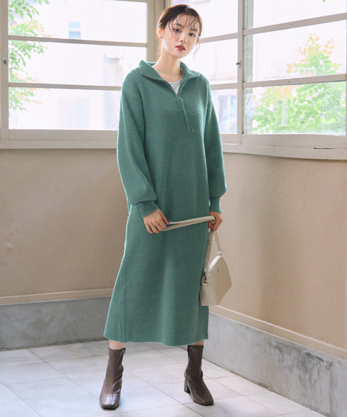 【クリアランスセール】ハーフジップリブニットワンピース