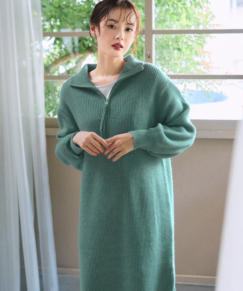 【クリアランスセール】ハーフジップリブニットワンピース