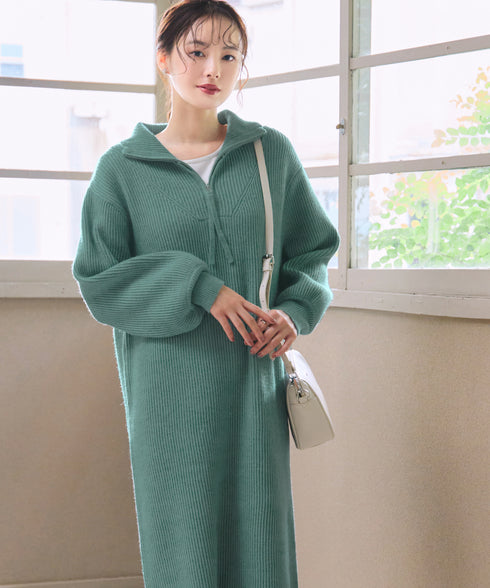 【クリアランスセール】ハーフジップリブニットワンピース