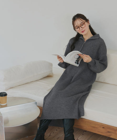 【クリアランスセール】ハーフジップリブニットワンピース