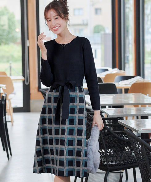 【クリアランスセール】リボンベルト付きチェック柄ニットワンピース