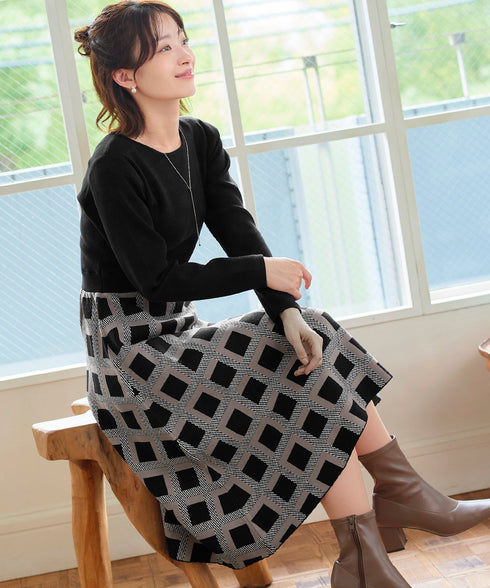 【クリアランスセール】リボンベルト付きチェック柄ニットワンピース