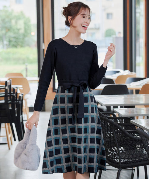 【クリアランスセール】リボンベルト付きチェック柄ニットワンピース