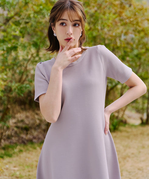 【アウトレット】クールネック半袖ニットフレアワンピース