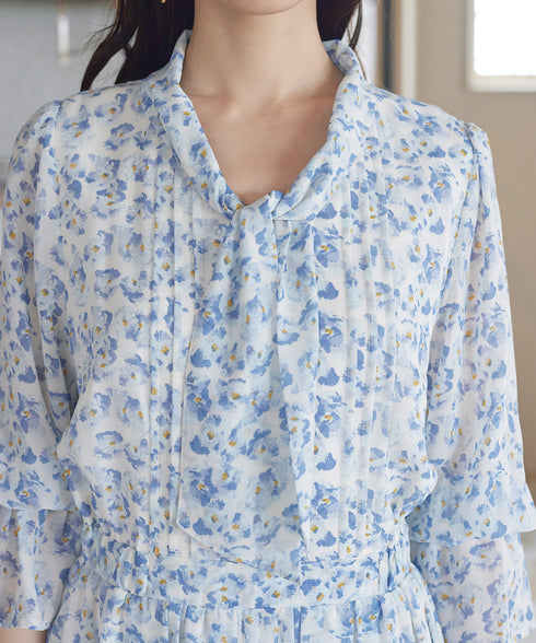 プリントボウタイ柄ワンピース