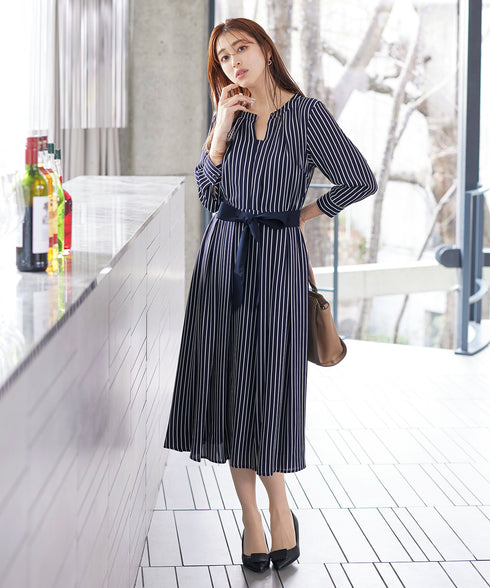 【2WAY】バンドカラーストライプリボンワンピース