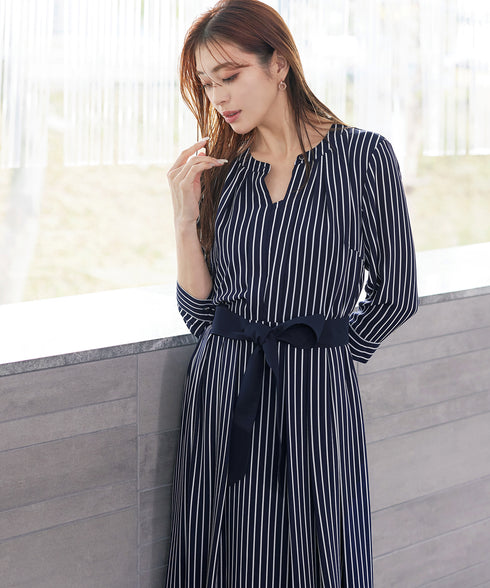 【2WAY】バンドカラーストライプリボンワンピース