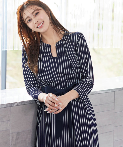 【2WAY】バンドカラーストライプリボンワンピース