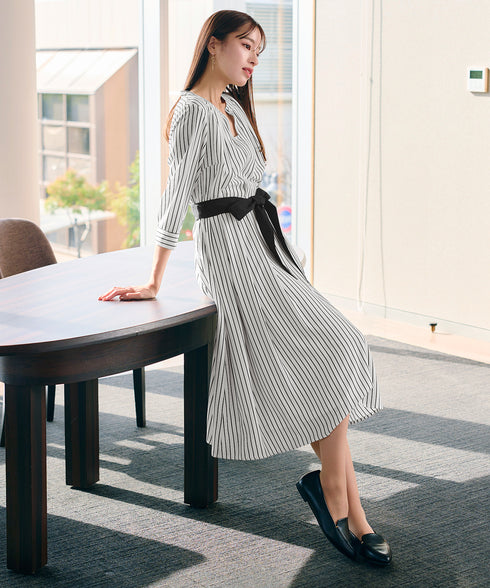 【2WAY】バンドカラーストライプリボンワンピース