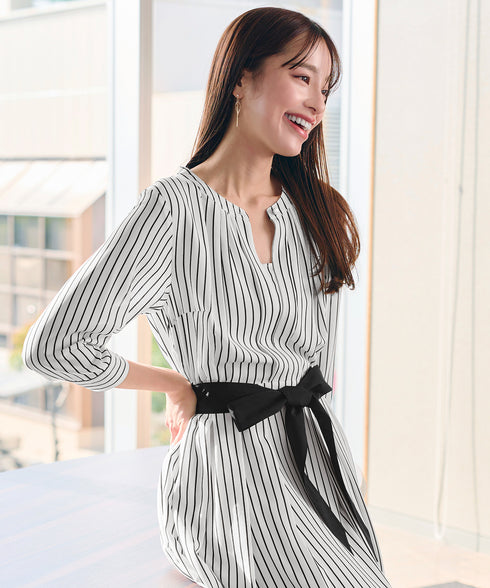 【2WAY】バンドカラーストライプリボンワンピース