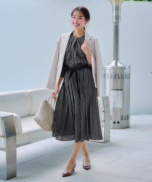 【2WAY】バンドカラーストライプリボンワンピース