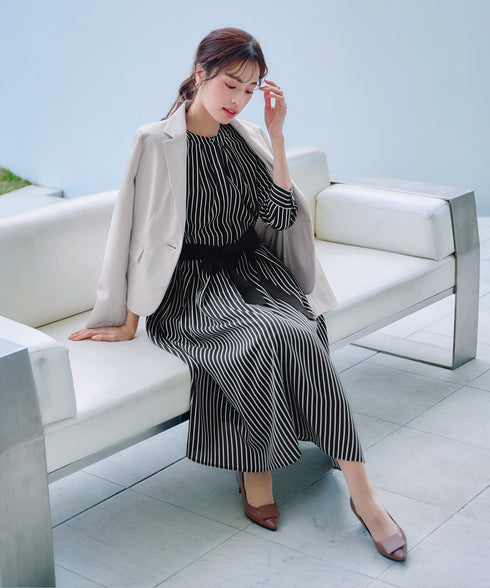 【2WAY】バンドカラーストライプリボンワンピース