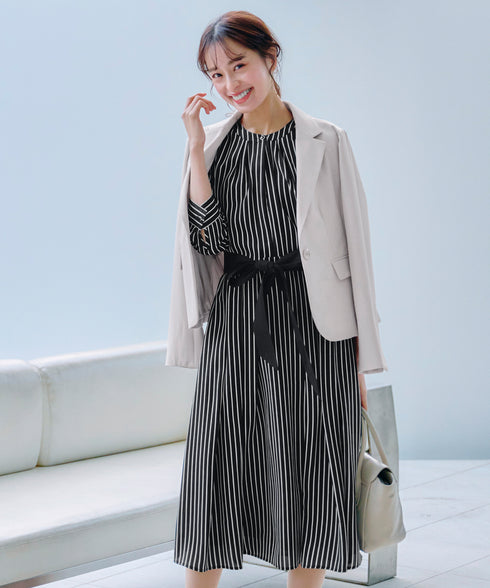 【2WAY】バンドカラーストライプリボンワンピース