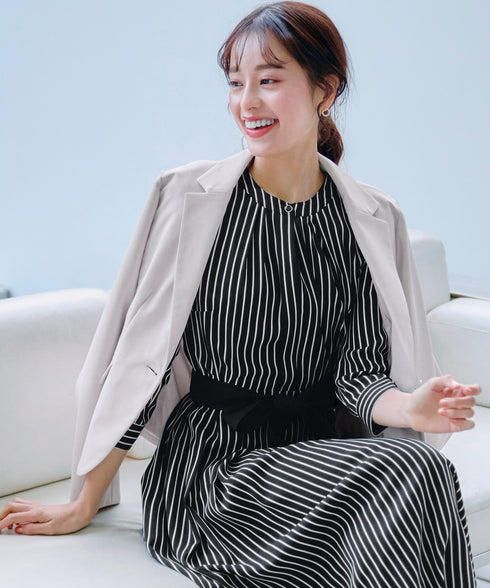 【2WAY】バンドカラーストライプリボンワンピース