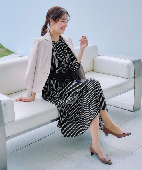 【2WAY】バンドカラーストライプリボンワンピース