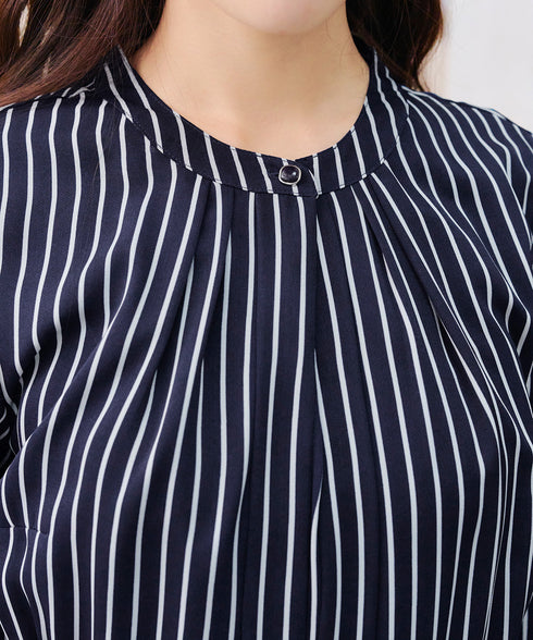 【2WAY】バンドカラーストライプリボンワンピース