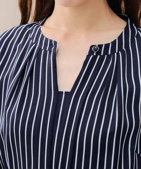 【2WAY】バンドカラーストライプリボンワンピース