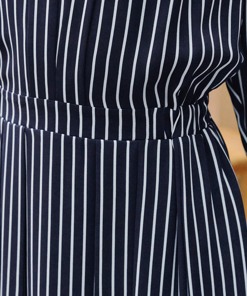 【2WAY】バンドカラーストライプリボンワンピース