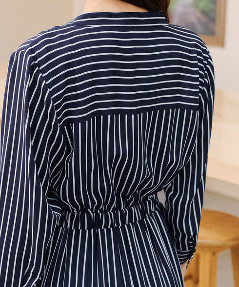 【2WAY】バンドカラーストライプリボンワンピース