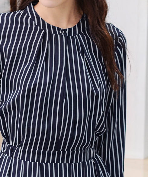 【2WAY】バンドカラーストライプリボンワンピース