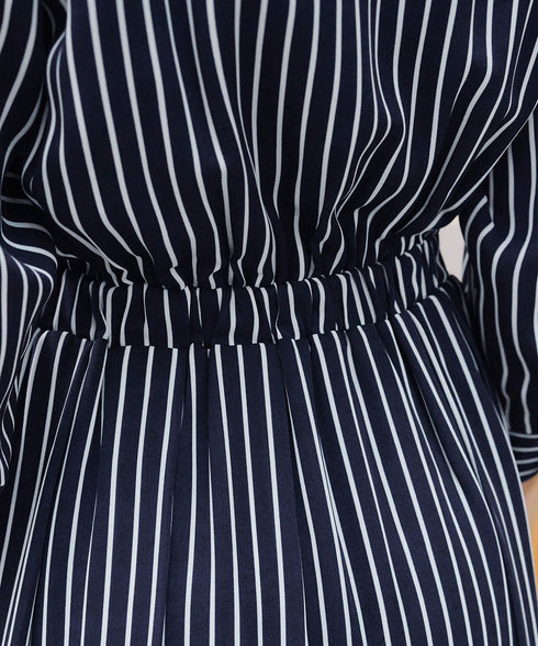 【2WAY】バンドカラーストライプリボンワンピース