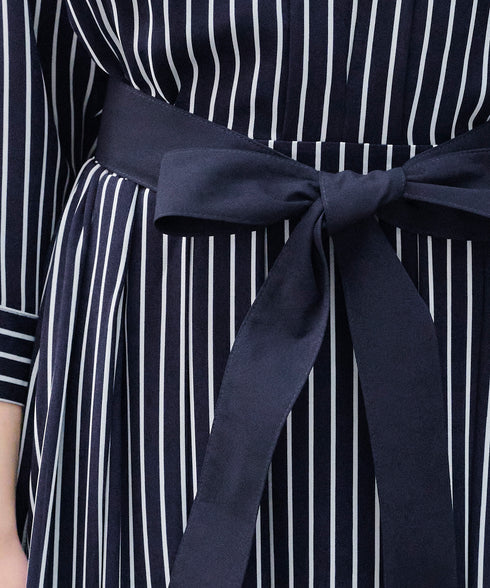 【2WAY】バンドカラーストライプリボンワンピース