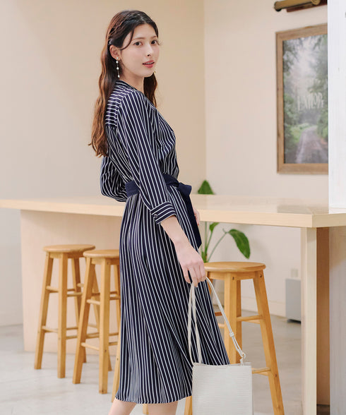 【2WAY】バンドカラーストライプリボンワンピース