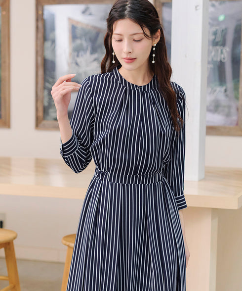 【2WAY】バンドカラーストライプリボンワンピース