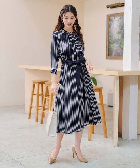 【2WAY】バンドカラーストライプリボンワンピース