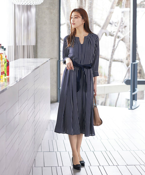 【2WAY】バンドカラーストライプリボンワンピース