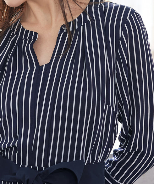 【2WAY】バンドカラーストライプリボンワンピース