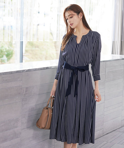 【2WAY】バンドカラーストライプリボンワンピース