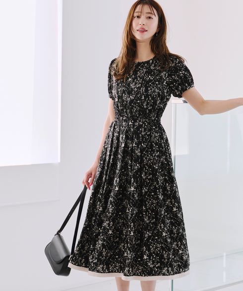 【アウトレット / 袖が選べる】配色モノクロ花柄ワンピース