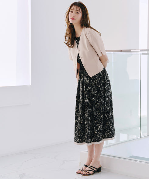 【アウトレット / 袖が選べる】配色モノクロ花柄ワンピース